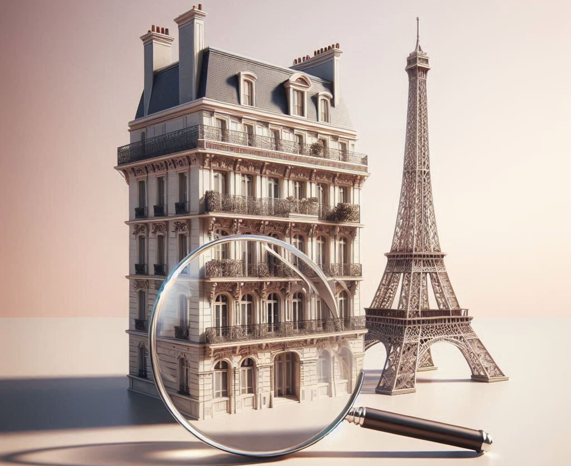 La tour Eiffel, une loupe et un immeuble Haussmannien 